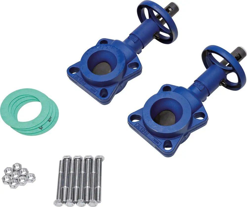 Hydraulisches Absperrset von Bosch, bestehend aus zwei Absperrventilen in Blau, Dichtungen und Befestigungselementen für den Einsatz im Anlagentechnikbereich.